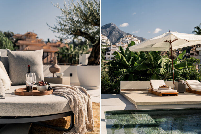 Split image displaying professional staging and presentation: On the left, a cozy outdoor lounge with plush seating and a wooden tray holding a bottle of wine and fruit; on the right, a tranquil poolside area with a sunbed shaded by a white umbrella, set against a backdrop of tropical plants and a mountain view.